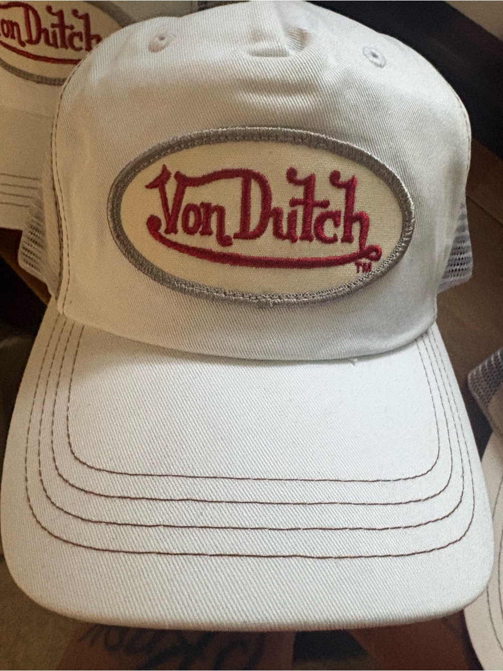 Von Dutch Women's Cream Trucker Hat with Red Logo